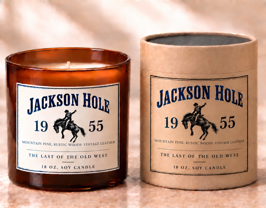 Jackson Hole 1955 18 oz soy candle in amber glass with matching kraft gift tube