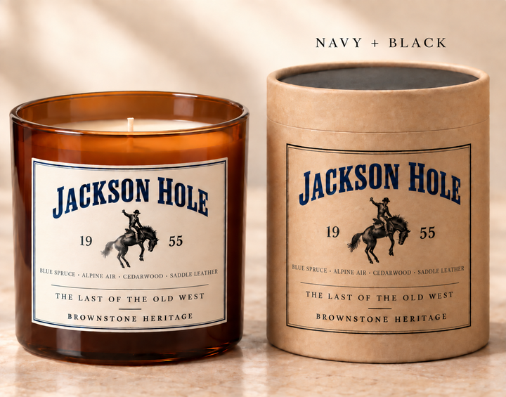 Brownstone Heritage 1955 Jackson Hole 18 oz candle and kraft gift tube, notes of blue spruce, alpine air, cedarwood and saddle leather