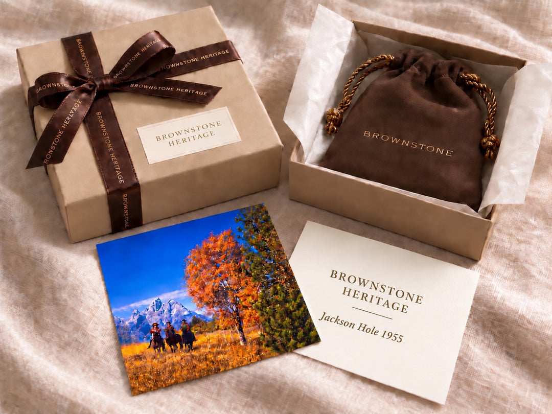 Brownstone Heritage custom gift box with ribbon, velvet pouch, Jackson Hole 1955 painting card, and Brownstone Heritage card